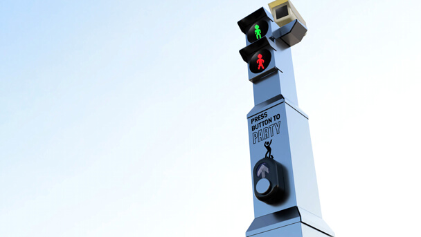 Crosswalk indicator with a 'Push to Party' button