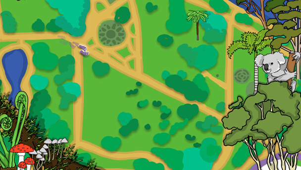 Game screenshot of garden paths and flora in the City Botanic Gardens in cartoon designed imagery